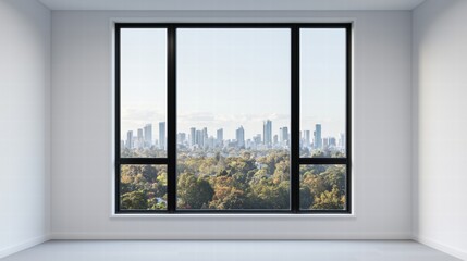 Poster - Modern empty office with large windows showcasing cityscape