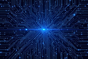 Wall Mural - abstract background of glowing blue circuitry on a dark surface.