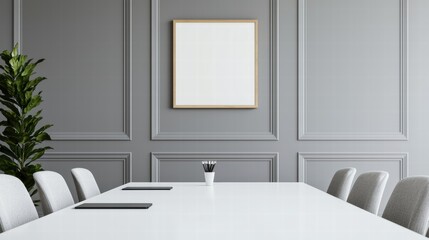 Fototapete - Modern meeting room with empty frame hanging on grey wall