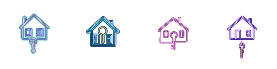 Set of illuminated neon light icon sign home house with key, isolated on transparent background