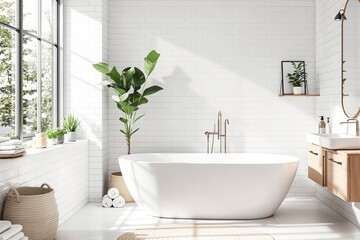 Wall Mural - Modern bathroom interior with white bathtub, natural decor, and houseplants in bright sunlight.