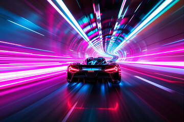 Wall Mural - futuristic sports car in a vibrant neon tunnel with glowing light trails.