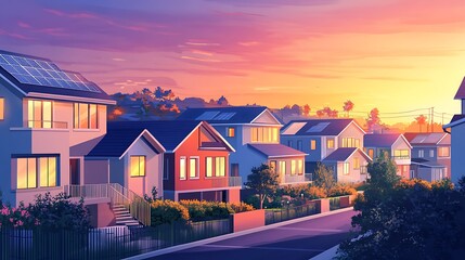 Canvas Print - Suburban sunset street scene with solar panel houses.