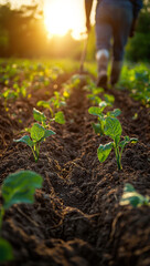 Wall Mural - Growing plants in soil at sunset, farmer working in field