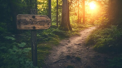 Canvas Print - Sunlit forest path with wooden signpost.