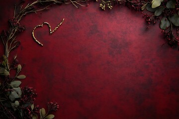 Wall Mural - gold-trimmed heart frame on a red satin valentine background with floral accents