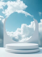 Wall Mural - white podium with sky and clouds backdrop.