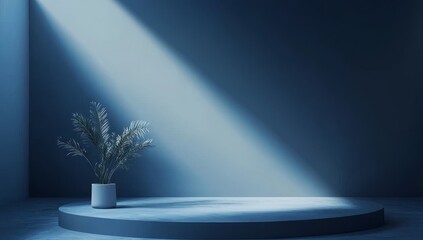 Poster - Minimalist blue studio with plant on podium.