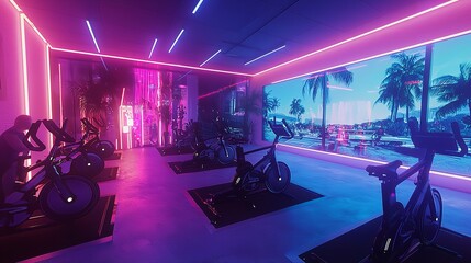 A High-Tech Cycling Studio with Neon Lighting and Modern Equipment,