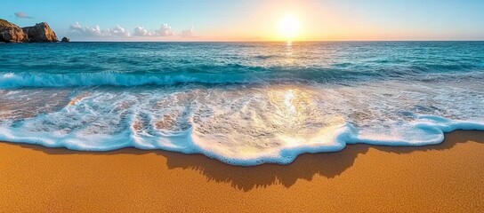 Wall Mural - Golden sunset over ocean waves gently washing ashore on a sandy beach.