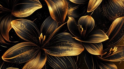 Wall Mural - Gold Flowers on Black Background