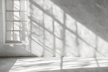 Wall Mural - Sunlight streams through window casting shadows on white wall and floor.