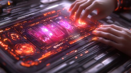Futuristic interface with glowing technology, hands manipulating vibrant digital displays, showcasing advanced communication and data interaction in a sleek environment