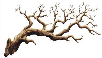 Detailed illustration of a large, gnarled, dead tree branch isolated on white background.