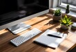 © Dmitry - Modern workspace on wooden desk with computer keyboard, notebook and green succulents in sunlight. Home office setup with natural lighting and shadows. Minimalist workstation design
