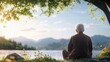 © AiDesign - Back view of elderly retired person sitting peacefully in beautiful calm natural serene background