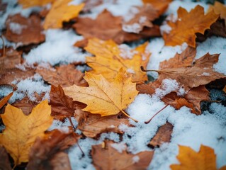 Wall Mural - Snow-covered leaves on the ground