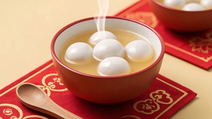 Wall Mural - Steaming sweet rice balls in a red bowl on a red placemat.