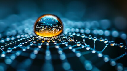 Macro shot of a water droplet on a spiderweb with bokeh background.