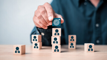 Wall Mural - leader and followers pointing. human icon for customer focus target group and customer relation mana
