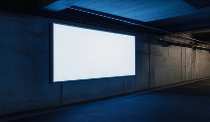 Wall Mural - Illuminated blank billboard in a dark underground parking garage.