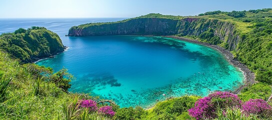 Wall Mural - Panoramic view of a secluded turquoise bay surrounded by lush green hills and vibrant flowers.