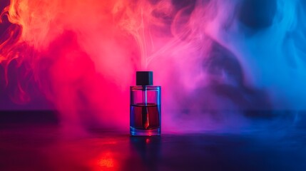 Wall Mural - A mesmerizing glass perfume bottle stands in a cloud of colorful smoke. The red and blue hues create a captivating atmosphere that intrigues the senses. Generative AI