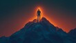 © KP - A silhouetted figure stands atop a glowing mountain peak, surrounded by darkness, symbolizing achievement and exploration against a striking backdrop.