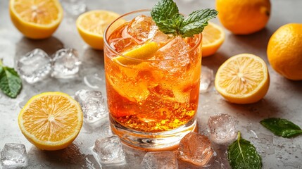 Wall Mural - Refreshing iced tea drink with lemon and mint garnishes in a rocks glass surrounded by ice cubes and citrus fruit slices.