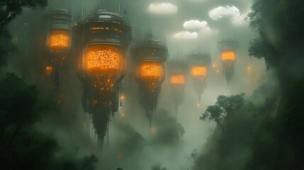 Wall Mural - Futuristic Towers Floating Above A Misty Forest