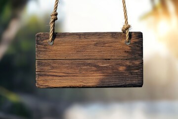 Wall Mural - Rustic wooden sign hanging on rope, blank space.