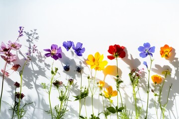 Wall Mural - Colorful wildflowers arranged in rainbow order on white background.