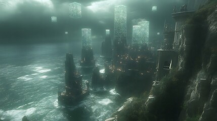 Wall Mural - Futuristic Coastal City With Floating Cubes And Dark Architecture