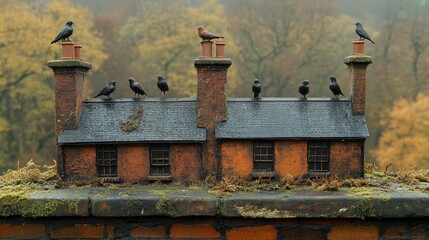 Wall Mural - miniature house with birds perched on chimneys, autumnal backdrop.