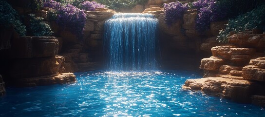 Wall Mural - Serene waterfall cascading into a tranquil pool, surrounded by lush vegetation and rocks.