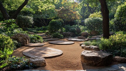 Wall Mural - Serene zen garden with circular wooden platforms, gravel pathways, and lush greenery under dappled sunlight.