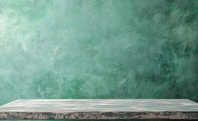 Wall Mural - Empty white table against teal textured wall.