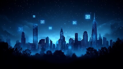 Wall Mural - Night City Skyline Illuminated by Glowing Cubes