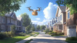 © Sawyer0 - Futurystyczny dron autonomiczny precyzyjnie opuszcza paczkę na próg domu w cichej, spokojnej dzielnicy podmiejskiej.