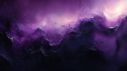 Purple cosmic landscape with mountainous terrain and nebula.