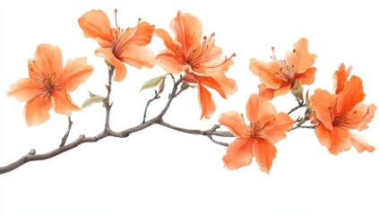 Wall Mural - Orange azalea blossoms on a branch, isolated on white.