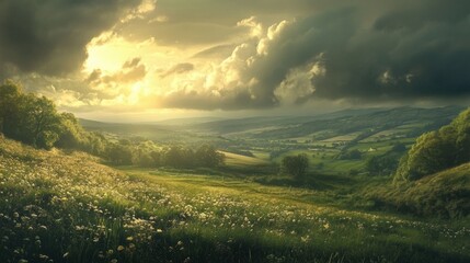 A countryside landscape showing heavy clouds giving way to bright sunshine after a passing storm