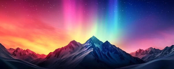 Wall Mural - A breathtaking landscape featuring majestic mountains illuminated by vibrant auroras against a starry sky, showcasing stunning colors and a serene atmosphere.