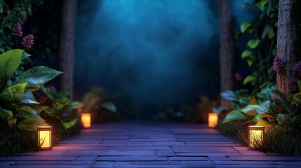 Wall Mural - A serene pathway illuminated by lanterns, surrounded by lush greenery and shrouded in a mystical blue mist.