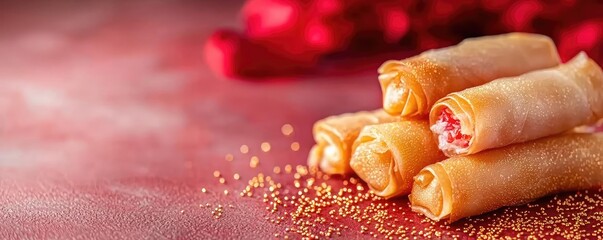 Wall Mural - Chinese new year food spring rolls. Abstract composition of spring rolls in swirling red and gold light, minimalist and symbolic Chinese New Year imagery