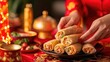 © IYearDesign - Chinese new year food spring rolls. Close-up of hands wrapping spring rolls, red and gold background, traditional craftsmanship for Chinese New Year