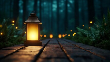 Wall Mural - A glowing lantern illuminates a serene forest path, surrounded by soft greenery and twinkling lights, creating a magical ambiance.