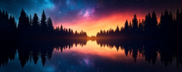 Wall Mural - A serene landscape featuring a colorful sunset reflecting on a calm lake, surrounded by silhouettes of trees against a starry sky.