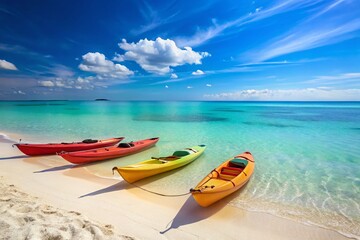 Wall Mural - Colorful Kayaks on Tranquil Beach: Calm Sea Adventure