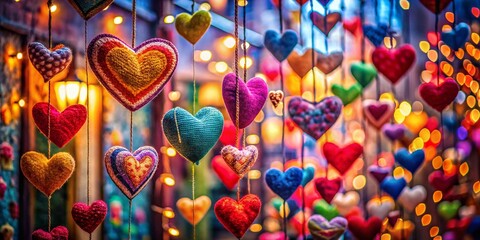 Wall Mural - Colorful Textile Hearts Valentine's Wedding Birthday Background